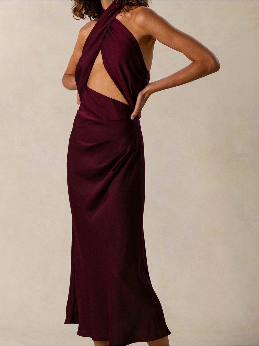 Misha Linnea Satin Halter Cutout Midi Dress in Wine size S